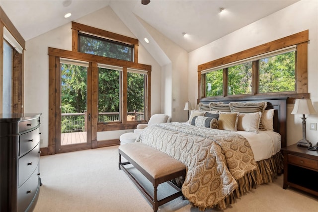 bedroom featuring light carpet, access to outside, recessed lighting, and lofted ceiling