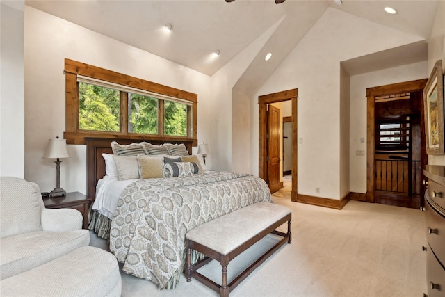 bedroom with ceiling fan, high vaulted ceiling, recessed lighting, light colored carpet, and baseboards