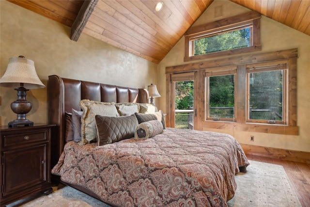 bedroom featuring hardwood / wood-style floors, high vaulted ceiling, access to outside, wooden ceiling, and baseboards