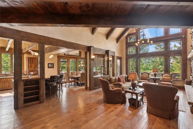 living room with a chandelier, high vaulted ceiling, wood ceiling, beam ceiling, and wood-type flooring