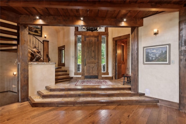 interior space featuring beam ceiling, stairway, wood-type flooring, and wood ceiling