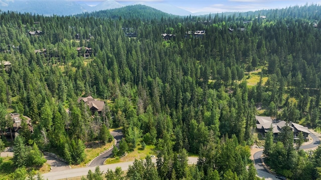 aerial view featuring a wooded view