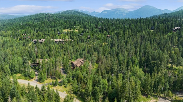 aerial view featuring a forest view and a mountain view