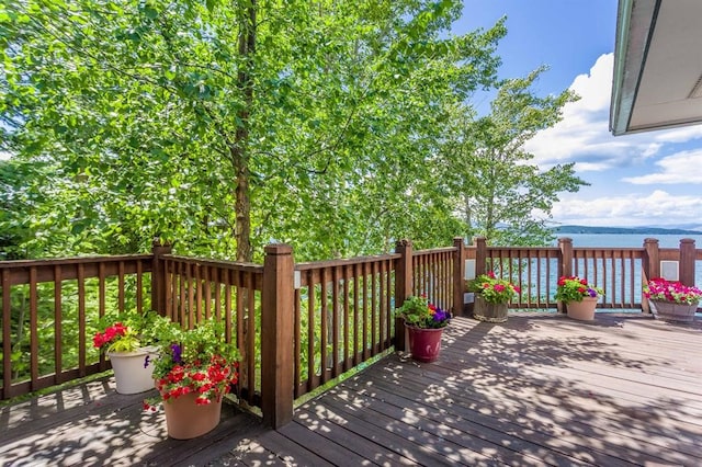 wooden terrace featuring a water view