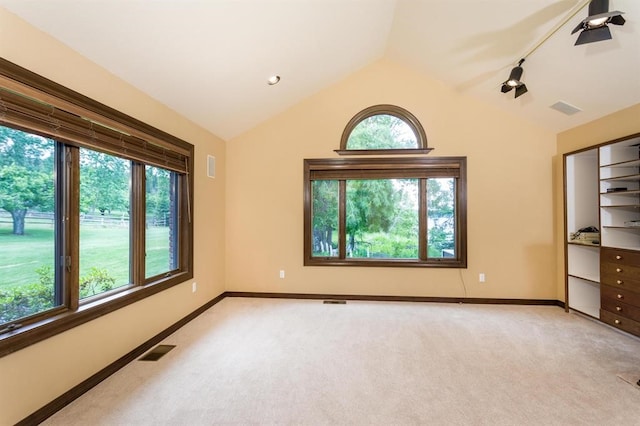 interior space with lofted ceiling, light carpet, and rail lighting