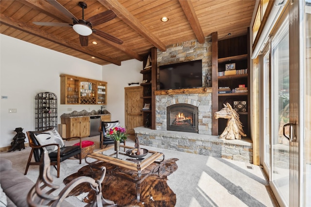 carpeted living area featuring wood ceiling, ceiling fan, a stone fireplace, beam ceiling, and recessed lighting