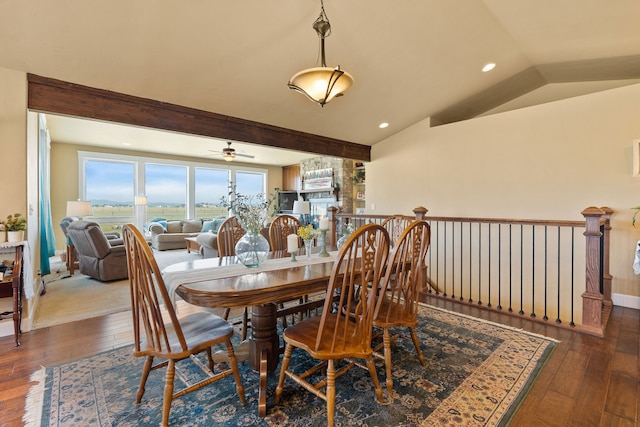 881 Lone Coyote Trl, Kalispell, MT 59901 - dining area with a ceiling fan, vaulted ceiling with beams, recessed lighting, and wood-type flooring