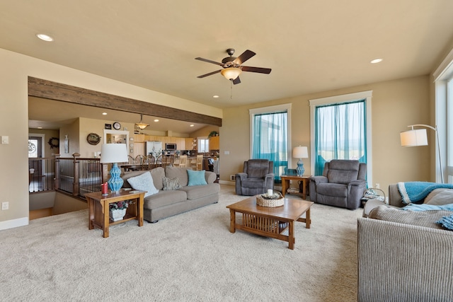 881 Lone Coyote Trl, Kalispell, MT 59901 - living area with recessed lighting, baseboards, ceiling fan, and carpet flooring