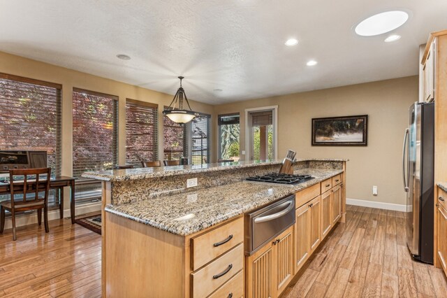 kitchen with light hardwood / wood-style floors, appliances with stainless steel finishes, pendant lighting, and light stone countertops