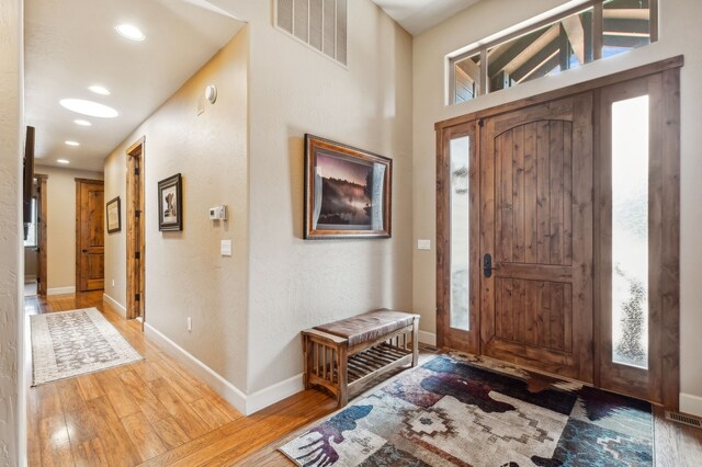 foyer entrance with hardwood / wood-style flooring