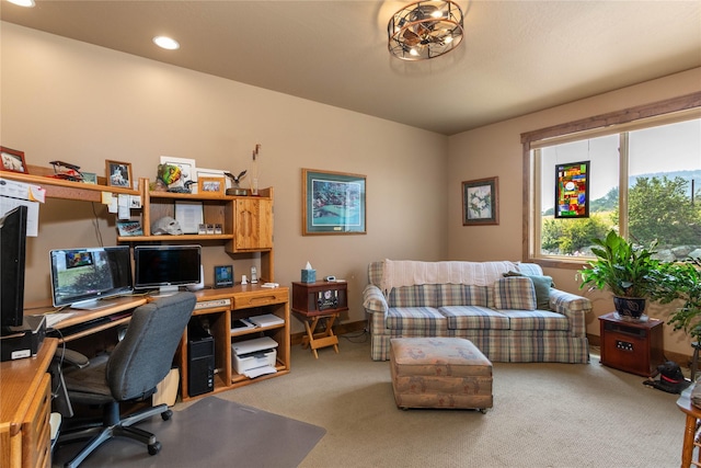 office space featuring recessed lighting and light carpet