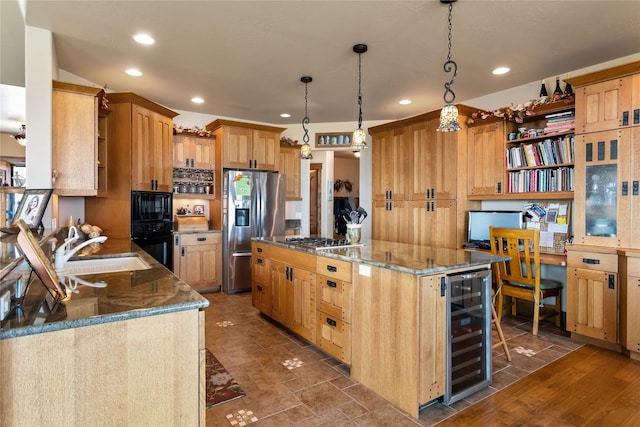 kitchen featuring black appliances, open shelves, a sink, and wine cooler