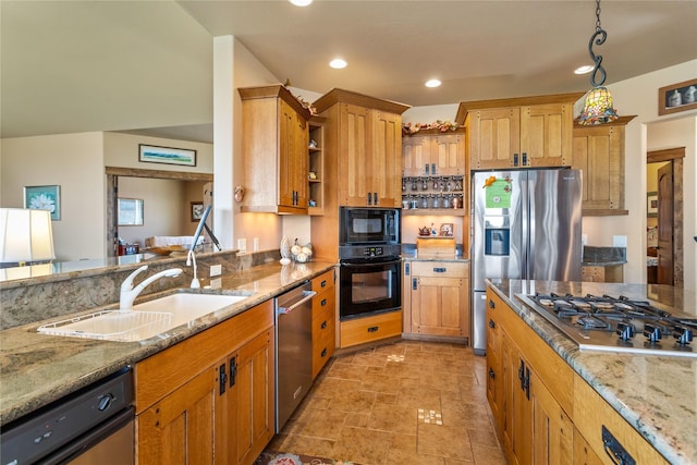 kitchen featuring black appliances, light stone counters, open shelves, and a sink