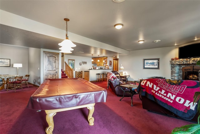 game room featuring a fireplace, carpet flooring, and pool table