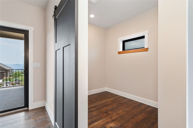 interior space featuring a barn door and dark hardwood / wood-style floors