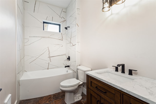 full bathroom with tiled shower / bath combo, vanity, and toilet