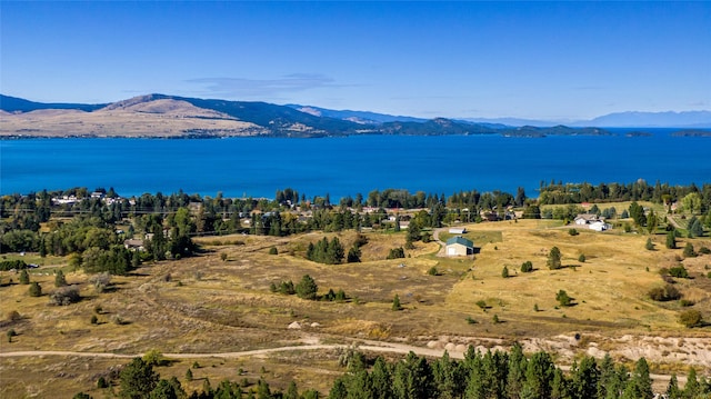 drone / aerial view with a water and mountain view