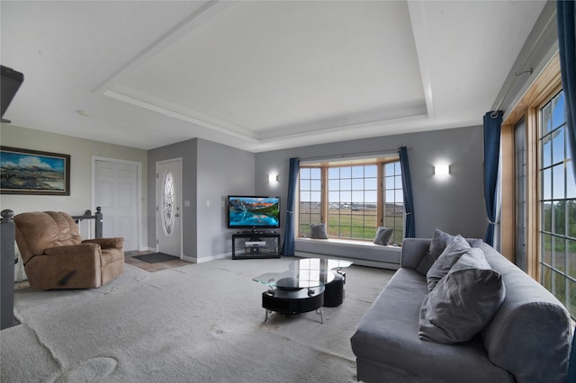 living room featuring baseboards, a raised ceiling, and carpet flooring