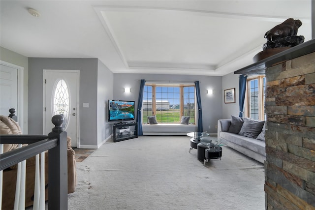 living room featuring carpet, baseboards, and a raised ceiling