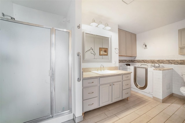 full bathroom featuring toilet, a stall shower, tile walls, and vanity