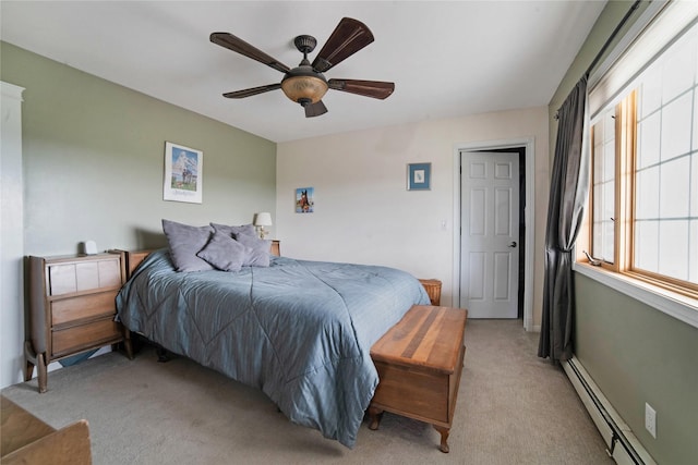 bedroom featuring light carpet, ceiling fan, and a baseboard radiator