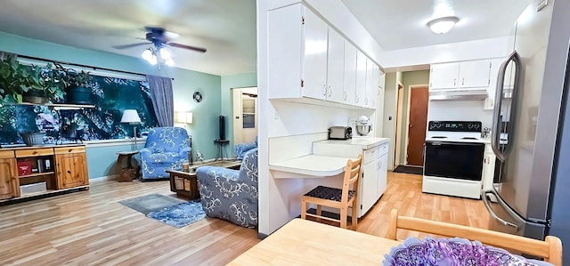 kitchen featuring stainless steel fridge, white cabinets, white electric stove, ceiling fan, and light hardwood / wood-style flooring