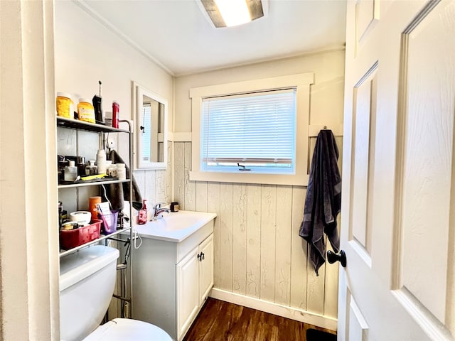 bathroom with toilet, wooden walls, wood-type flooring, and vanity