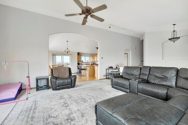 living room featuring light hardwood / wood-style floors, rail lighting, and ceiling fan