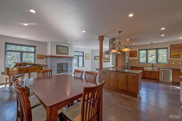 dining space with sink and dark wood-type flooring