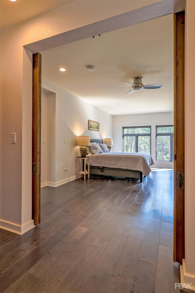 bedroom featuring dark hardwood / wood-style flooring and ceiling fan