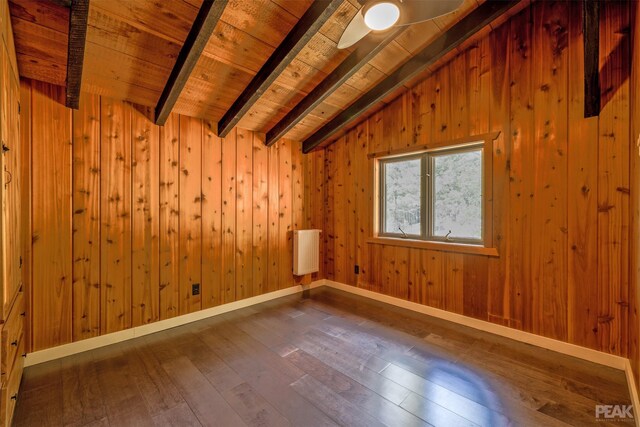 unfurnished room with vaulted ceiling with beams, wooden walls, wood ceiling, ceiling fan, and dark hardwood / wood-style floors