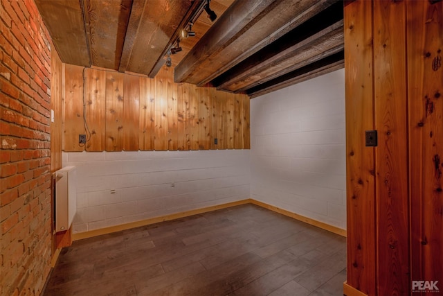 basement with radiator, hardwood / wood-style flooring, rail lighting, brick wall, and wood walls