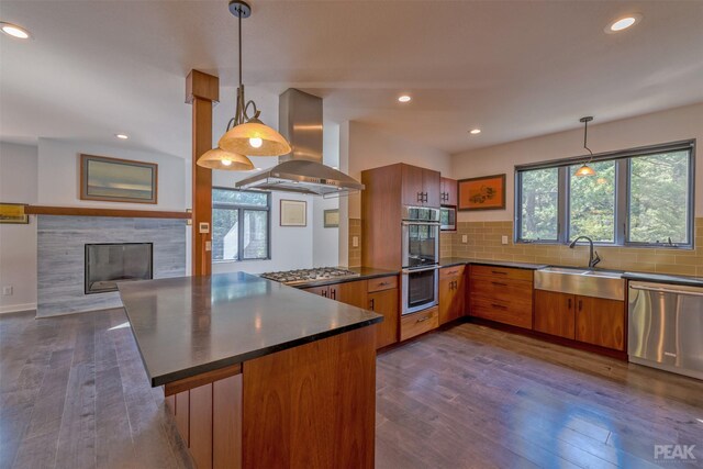 kitchen featuring appliances with stainless steel finishes, island range hood, sink, hanging light fixtures, and dark hardwood / wood-style floors