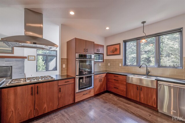 kitchen featuring tasteful backsplash, stainless steel appliances, island range hood, sink, and dark hardwood / wood-style flooring