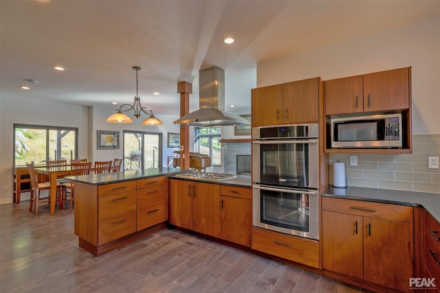 kitchen with appliances with stainless steel finishes, dark hardwood / wood-style flooring, decorative backsplash, and island exhaust hood