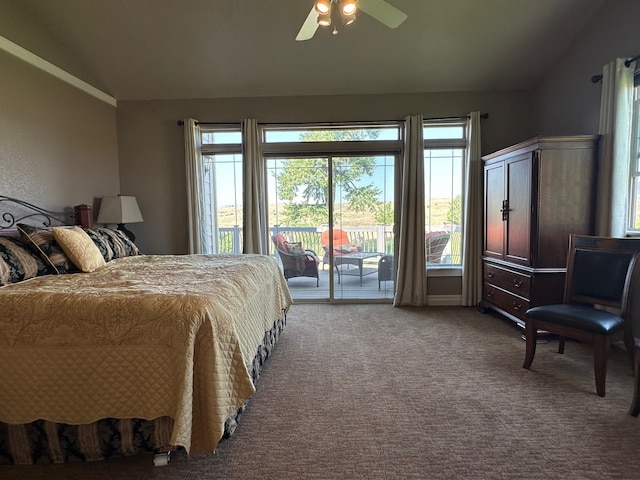 bedroom featuring access to outside, ceiling fan, carpet, and vaulted ceiling