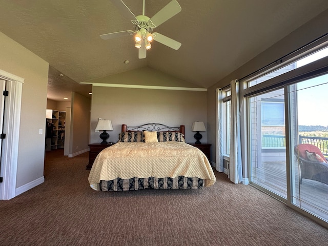 carpeted bedroom featuring access to outside, multiple windows, ceiling fan, and lofted ceiling