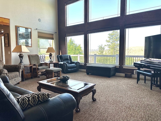 carpeted living room with a towering ceiling