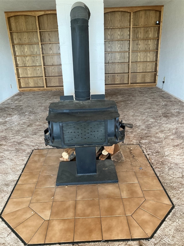 details featuring a wood stove and carpet floors