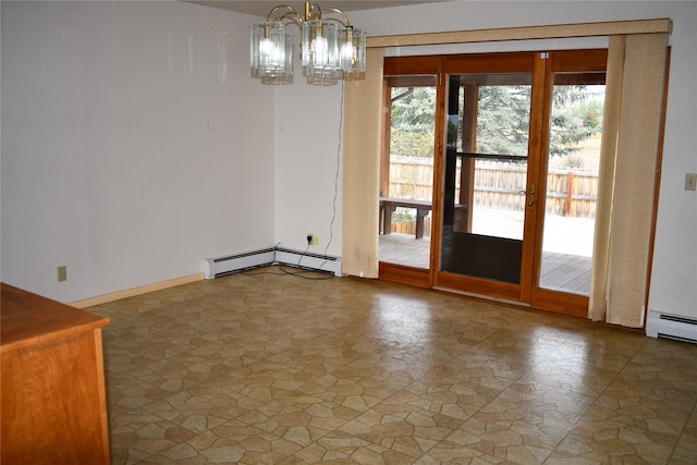 interior space featuring a notable chandelier and a baseboard heating unit