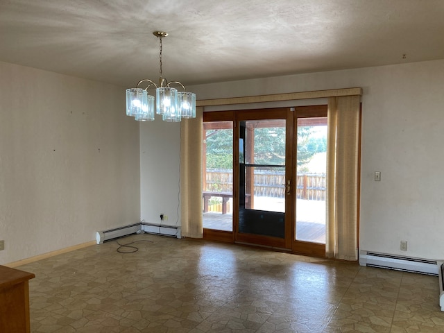 interior space with a notable chandelier and a baseboard radiator