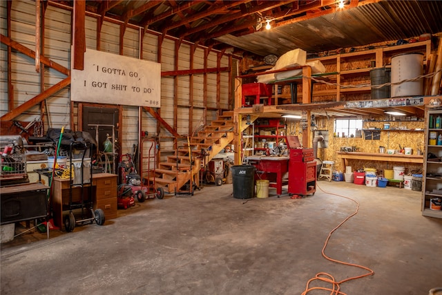 garage with a workshop area