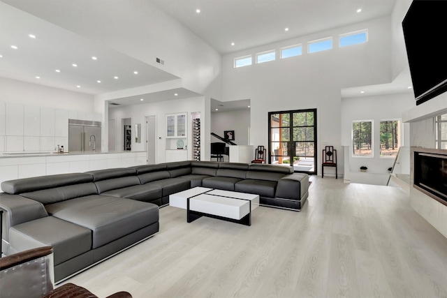 living room featuring light hardwood / wood-style floors and a high ceiling