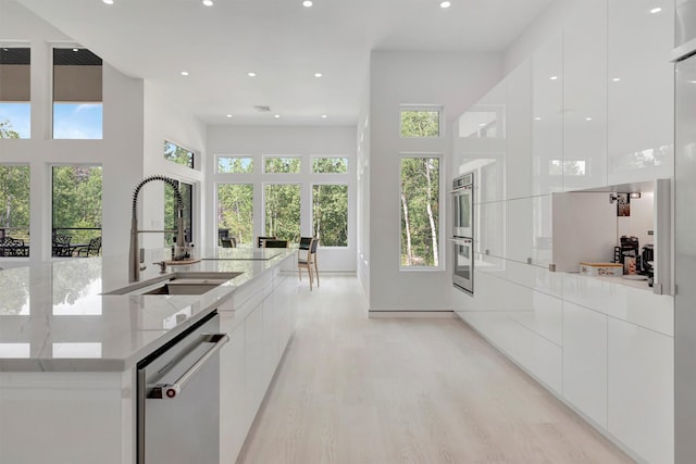 interior space featuring sink, appliances with stainless steel finishes, white cabinetry, a high ceiling, and light stone countertops