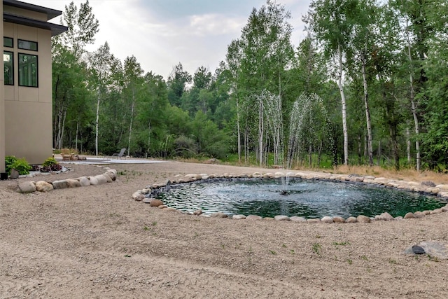 view of swimming pool with a garden pond