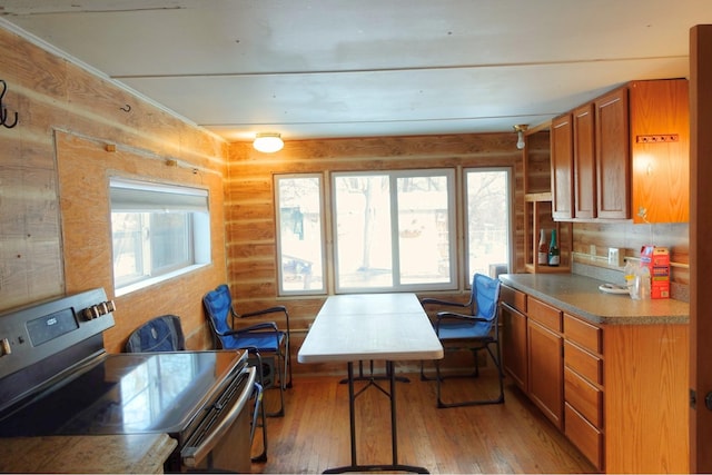 kitchen with light wood-type flooring, tasteful backsplash, and electric stove