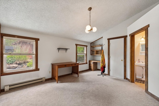 interior space featuring a textured ceiling, baseboard heating, light carpet, a notable chandelier, and baseboards