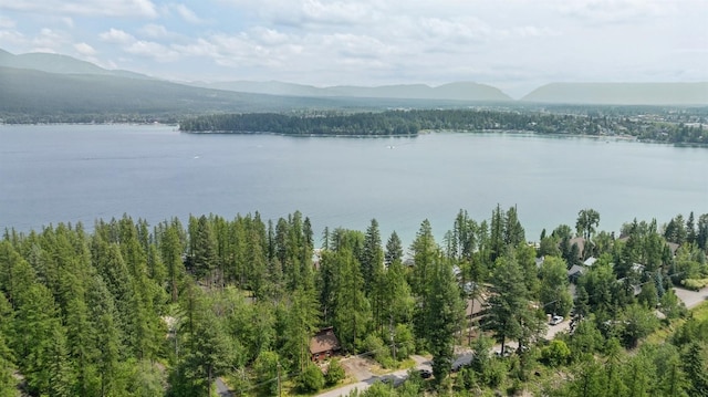 water view featuring a wooded view and a mountain view