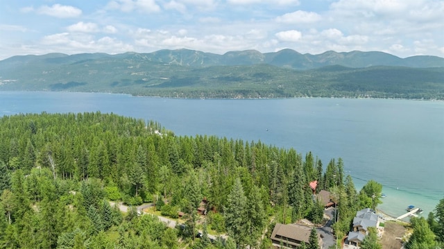 drone / aerial view featuring a water and mountain view