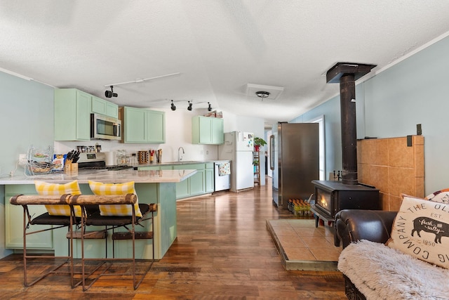 635 Lore Lake Rd, Kalispell, MT 59901 - kitchen featuring green cabinetry, a wood stove, a peninsula, stainless steel appliances, and a sink